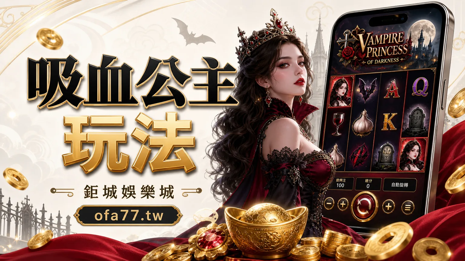 鉅城娛樂城 Vampire Princess of Darkness 玩法封面,吸血公主、5線與手機老虎機畫面