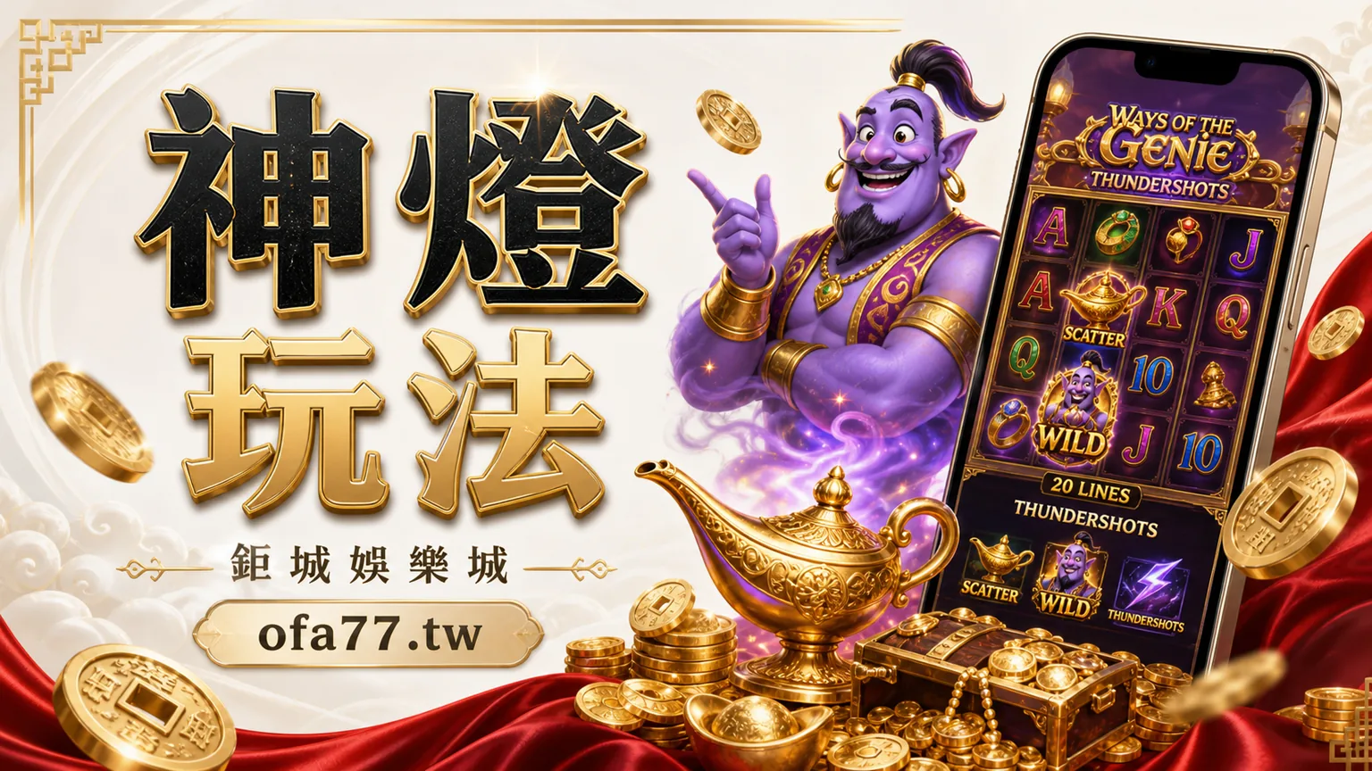 鉅城娛樂城 Ways of the Genie 神燈玩法封面,神燈、精靈與手機老虎機畫面
