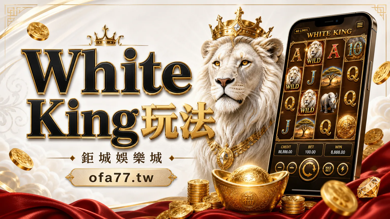 鉅城娛樂城 White King 玩法封面,白獅、40線與手機老虎機畫面