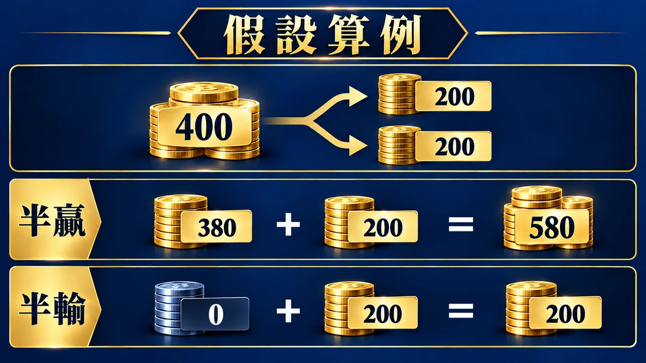 假設四百本金、賠率一點九，半贏返還五百八十、半輸返還二百