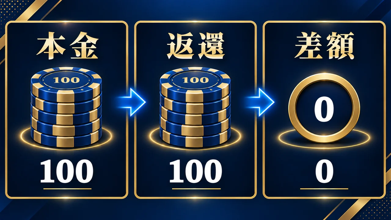 假設主注本金100、返還100、差額0的對帳圖