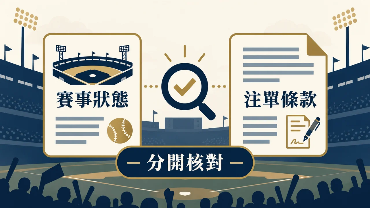棒球場背景下的賽事狀態與注單條款兩張核對卡