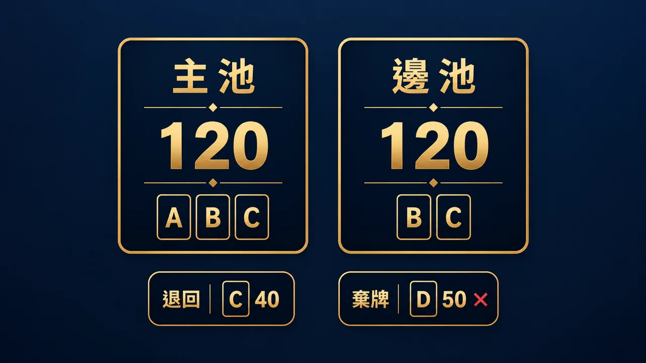 主池一百二十由A、B、C爭奪,邊池一百二十由B、C爭奪,C退回四十,D棄牌的示意圖
