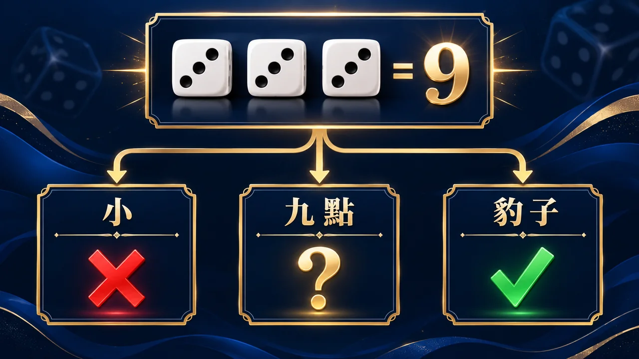 三三三結果逐項核對小、九點與豹子選項的條件示意