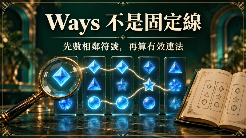 Ways不是固定線：放大鏡、規則本與抽象相鄰符號欄，提示先數符合符號再算有效連法。