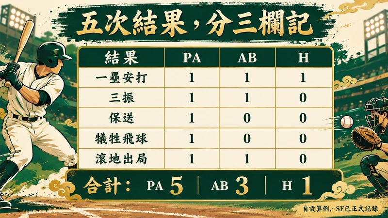 自設五次結果逐欄核算，一壘安打、三振、保送、犧牲飛球、滾地出局合計PA5 AB3 H1