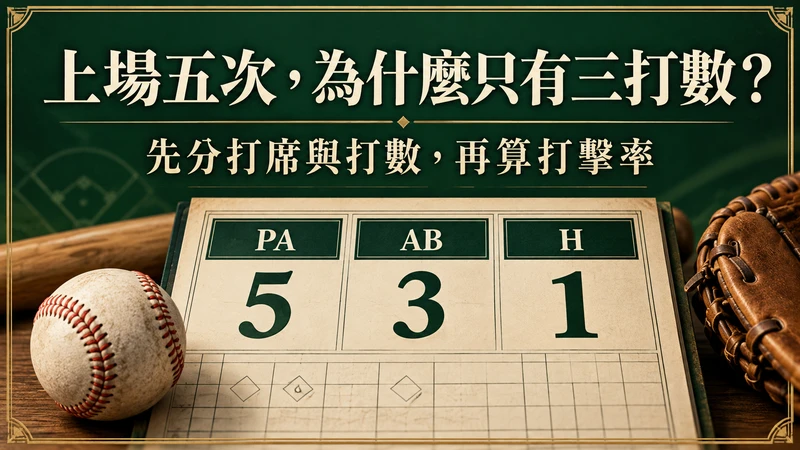 上場五次為什麼只有三打數，先分打席與打數再算打擊率，PA5 AB3 H1教學示意