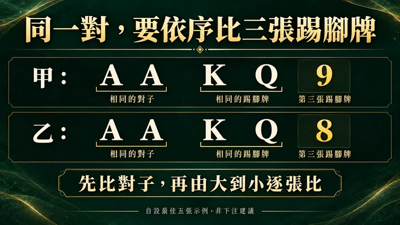 同一對A以三張踢腳牌依序比K、Q及9對8,為獨立最佳五張排序示例