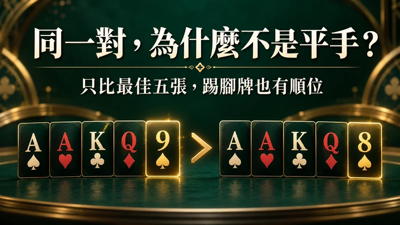 同一對為什麼不是平手，只比最佳五張並依踢腳牌順位比較